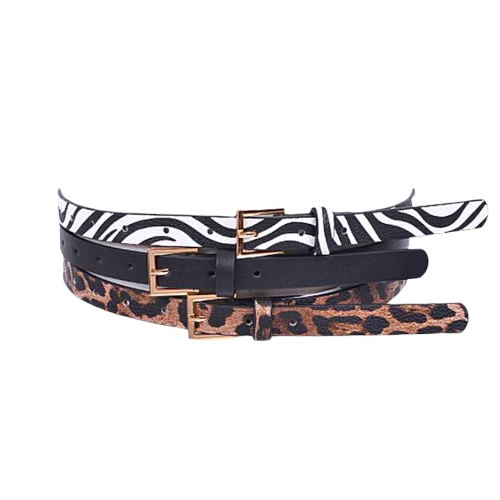 3 PC Leather Animal Print Skinny Belt Statement Set